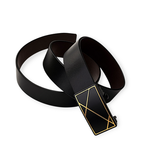 Hushahide Men's PU Leather Auto-Lock Belt – Matte Black Buckle with Golden Line Design, 48 Inch Adjustable Strap