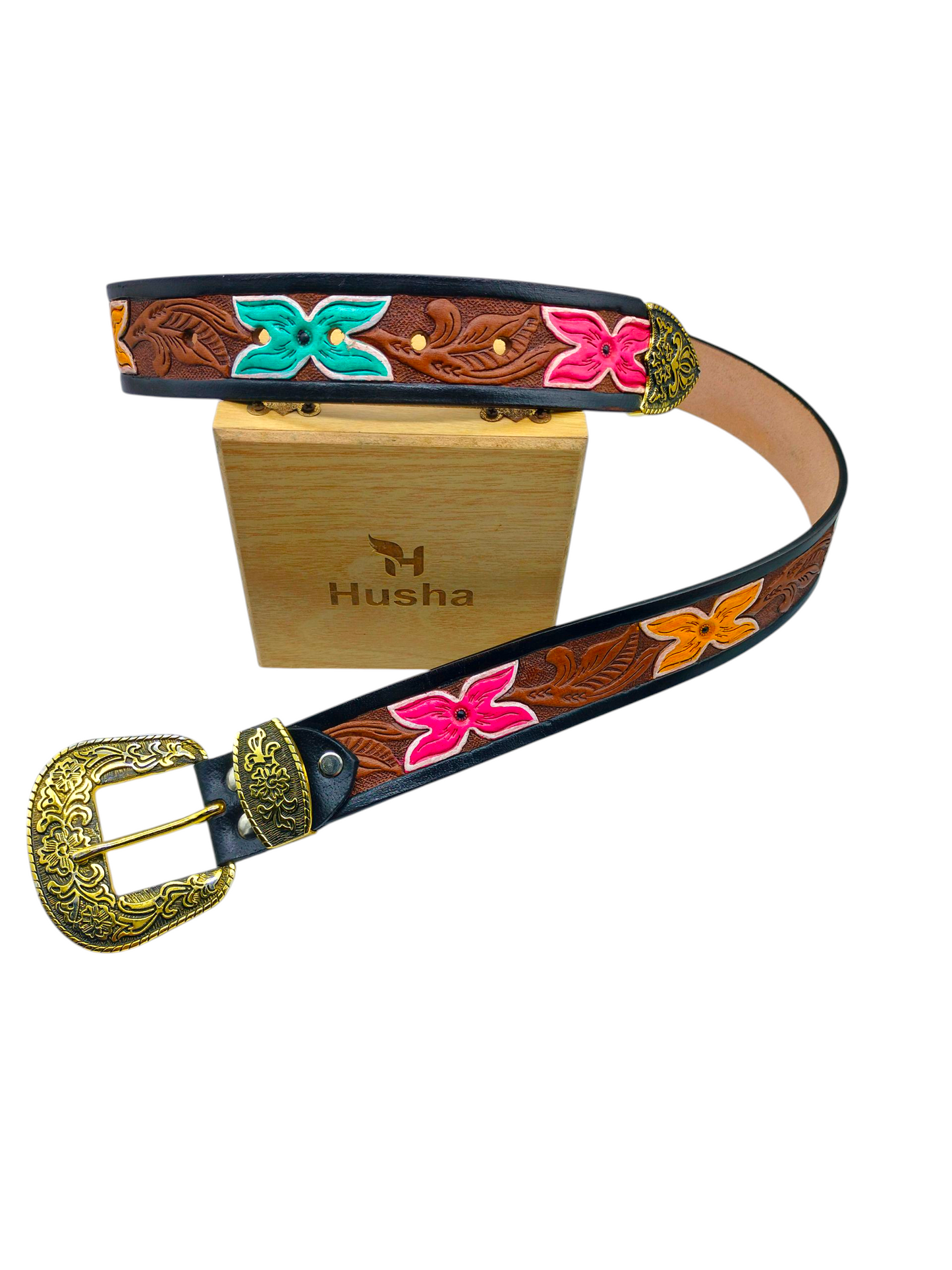 HUSHAHIDE Unisex Handcrafted Leather Belt | Floral Tooled Design with Antique Brass Buckle