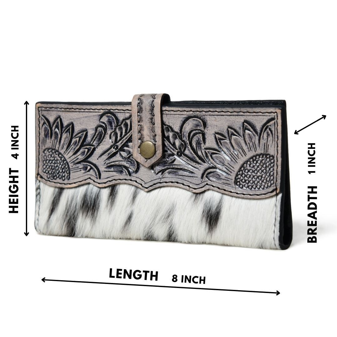 HUSHAHIDE Women’s Genuine Leather Hair-On Hand Clutch – 12 Card Slots, Zip Pocket, Floral Tooled Snap Closure (8x4 inch)