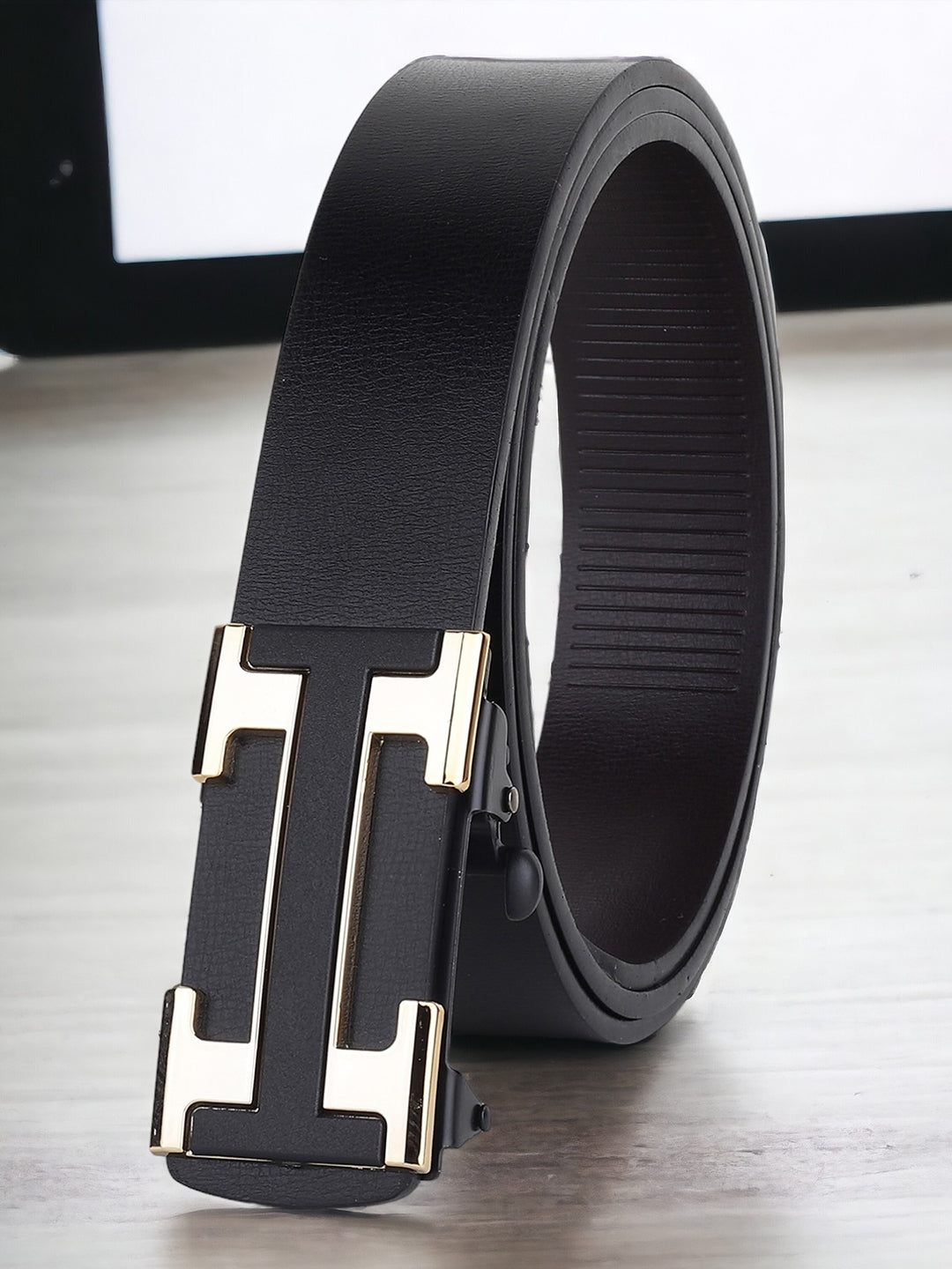 Hushahide Men's Automatic Ratchet Belt – Black PU Strap with Premium H-Shaped Metal Buckle, Adjustable Size