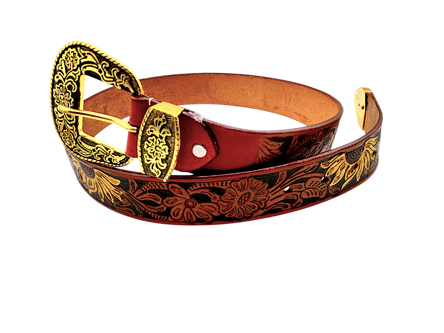 HushaHide Handcrafted Tooled Leather Belt for Men & Women – Vintage Floral Design with Antique Gold Buckle & Tip