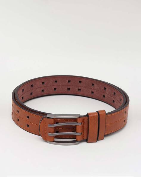 HUSHAHIDE Tan PU Leather Belt for Men | Stylish Casual & Formal Belt with Silver Double Pin Buckle | Vegan Friendly