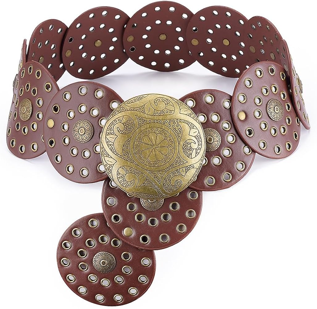 Stylish Vintage Brown Women Belt with Golden Round Metal Buckle | Wide Designer Waist Belt for Dresses, Saree, Jeans | Artificial Leather Belt for Women
