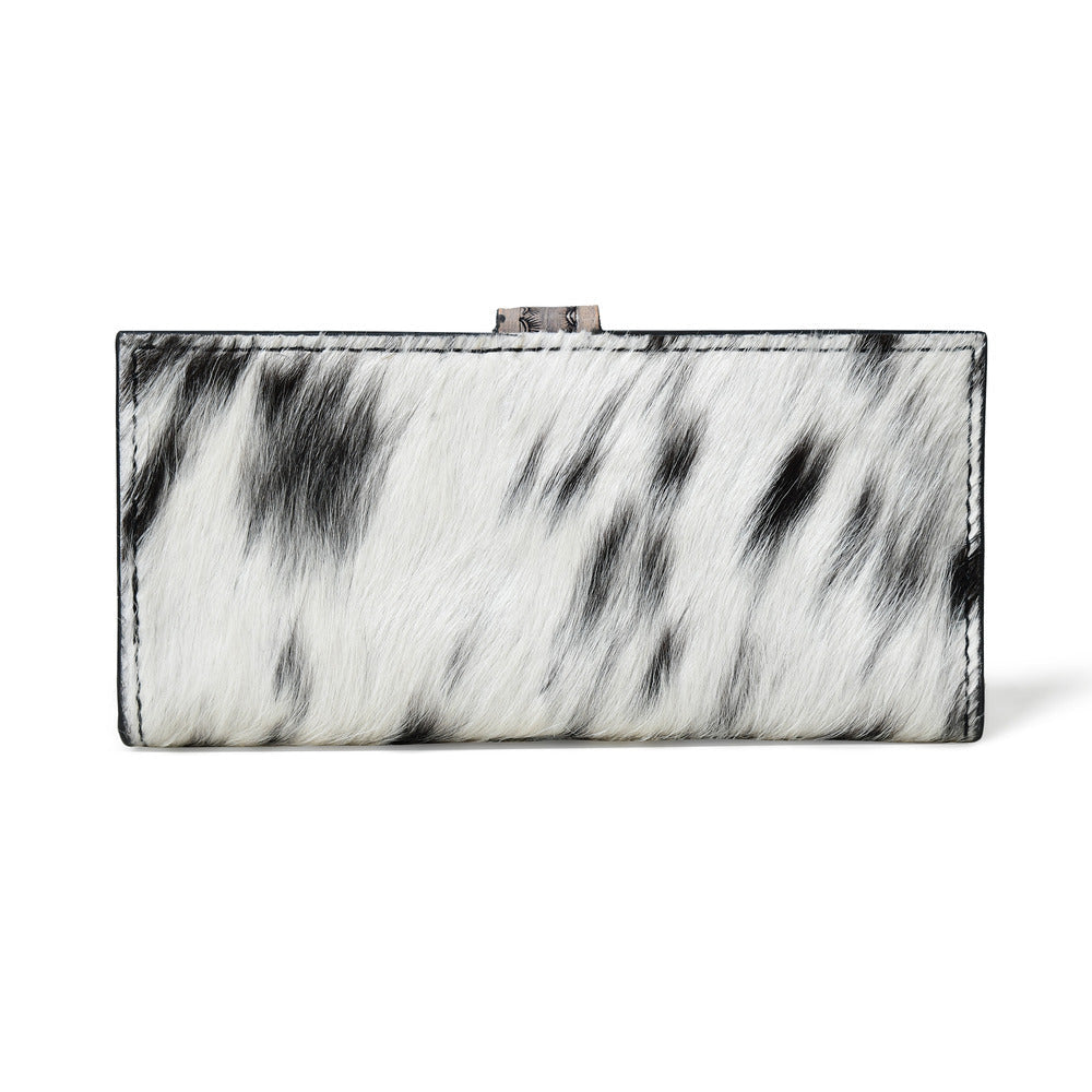 HUSHAHIDE Women’s Genuine Leather Hair-On Hand Clutch – 12 Card Slots, Zip Pocket, Floral Tooled Snap Closure (8x4 inch)