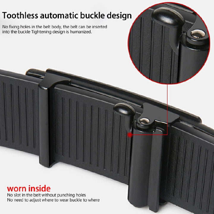 Hushahide Men's PU Leather Auto-Lock Belt – Matte Black Buckle with Golden Line Design, 48 Inch Adjustable Strap