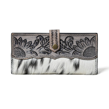 HUSHAHIDE Women’s Genuine Leather Hair-On Hand Clutch – 12 Card Slots, Zip Pocket, Floral Tooled Snap Closure (8x4 inch)