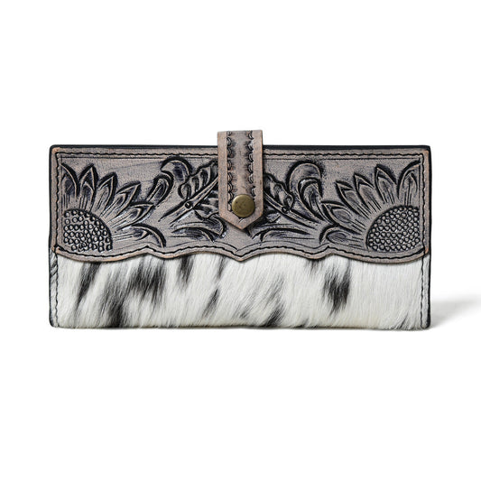 HUSHAHIDE Women’s Genuine Leather Hair-On Hand Clutch – 12 Card Slots, Zip Pocket, Floral Tooled Snap Closure (8x4 inch)